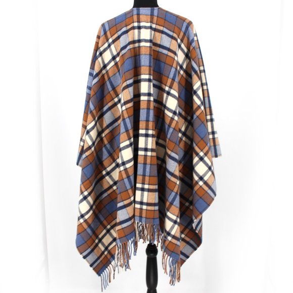Doen Ember Wrap Saint Moritz Plaid Blue Tan Wool Cashmere Fringe Trim Small - Picture 7 of 7